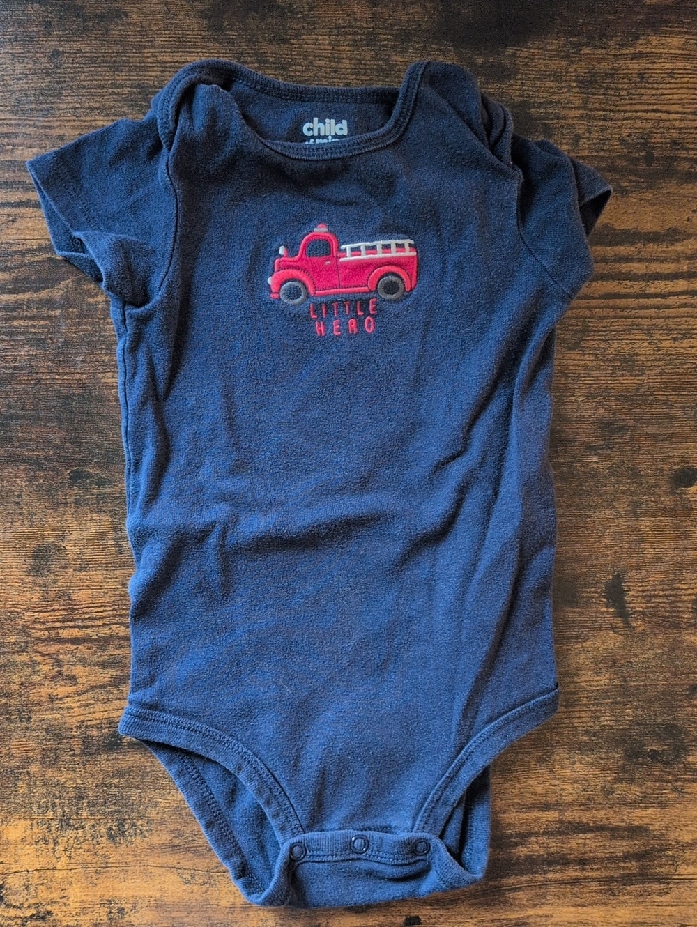5/$25 Child of Mine Navy Baby Onesie Bodysuit with Red Firetruck 18M